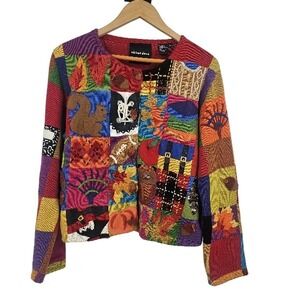 Michael Simon Cardigan Sweater Orange Green Autumn Fall Patchwork RARE Size M